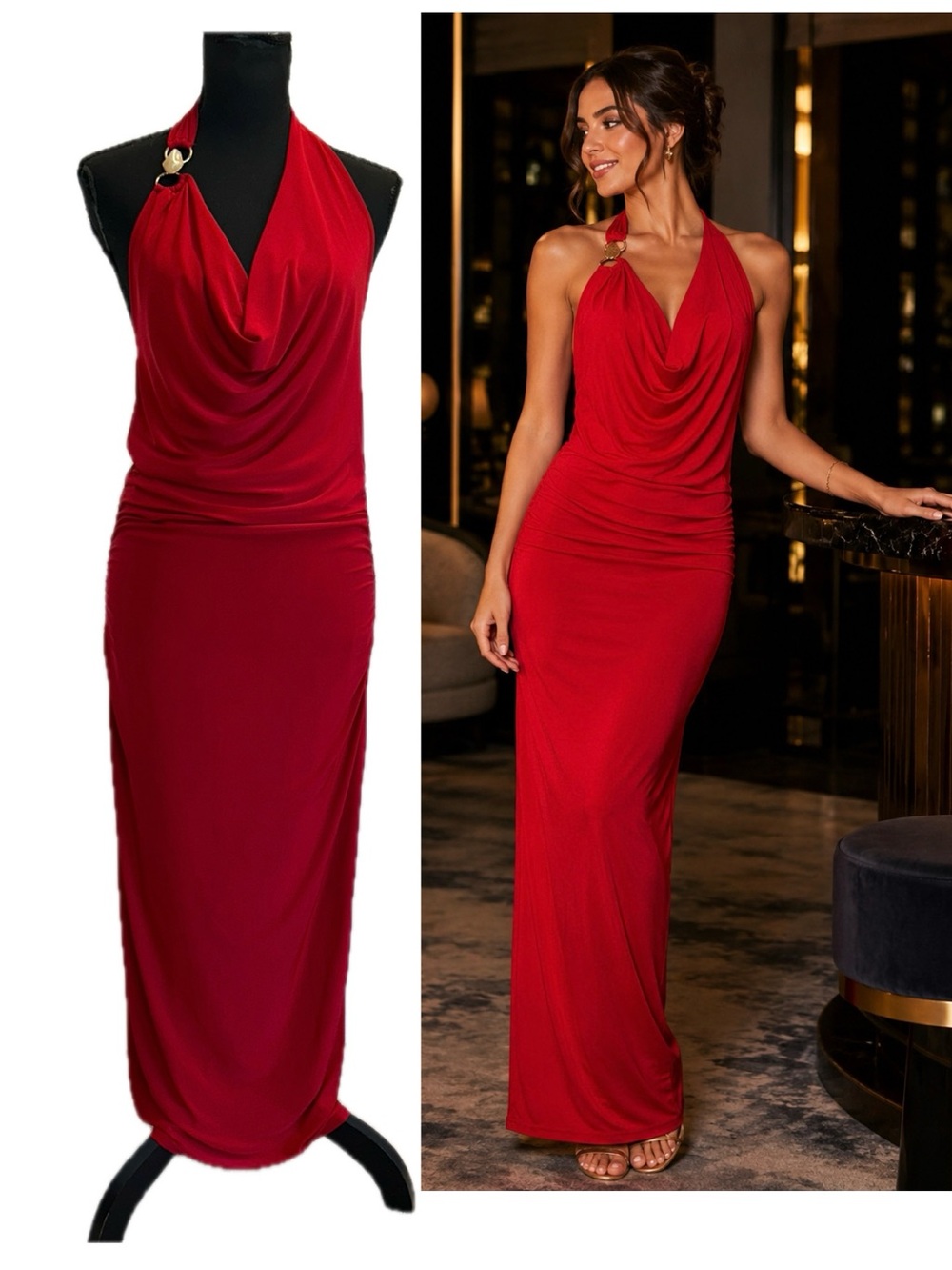 21 Saints Red Halter Cowl Neck Ruched Draped Maxi Dress Gold Ring Detail L NWT